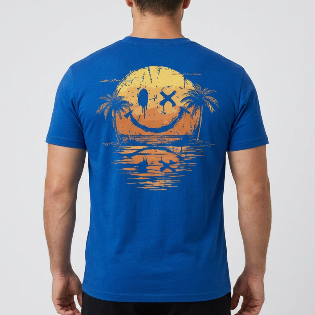 T-shirt homme bleu royal avec grand motif smiley dans le dos