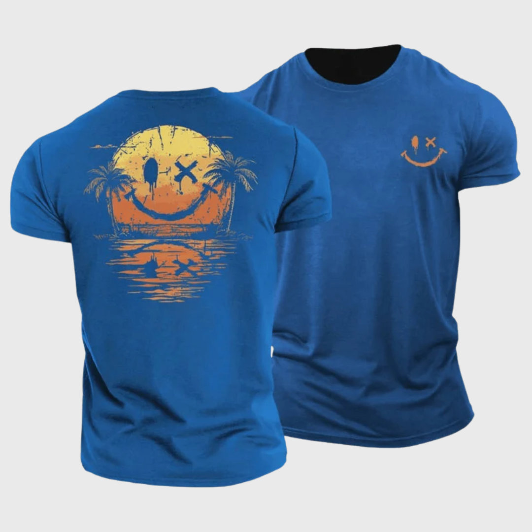 T-shirt homme bleu royal smiley, packshot face et dos