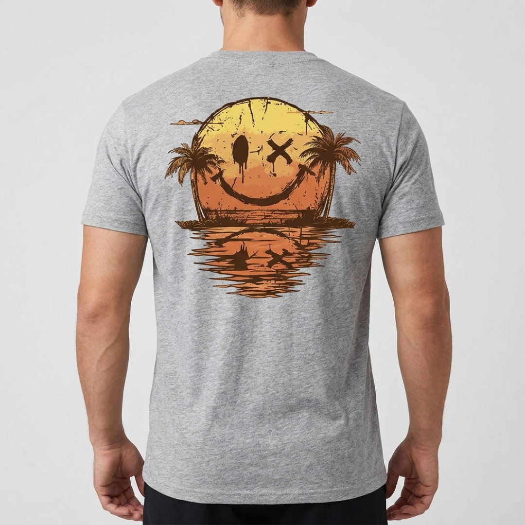 T-shirt homme gris avec grand motif smiley dans le dos
