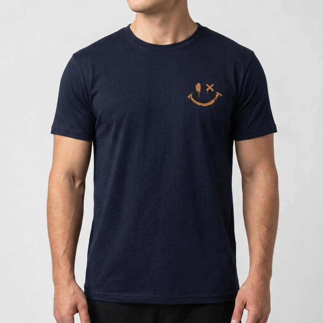 T-shirt homme bleu marine avec imprimé smiley poitrine, vue de face