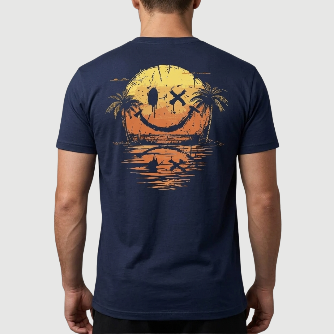 T-shirt homme bleu marine avec grand motif smiley dos