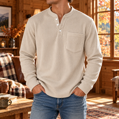 T-shirt homme blanc en velours côtelé avec patte boutonnée et poche poitrine