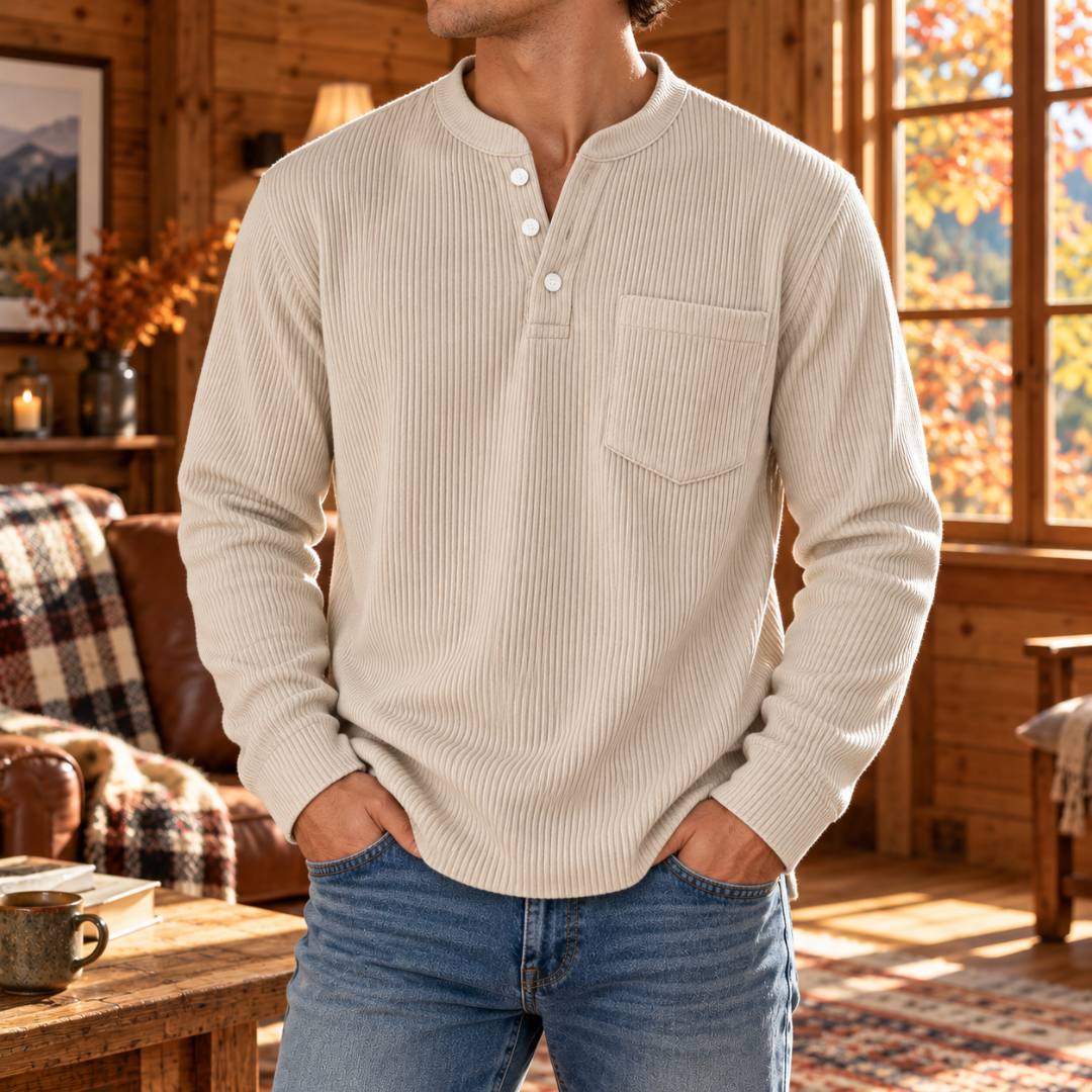 T-shirt homme blanc en velours côtelé avec patte boutonnée et poche poitrine