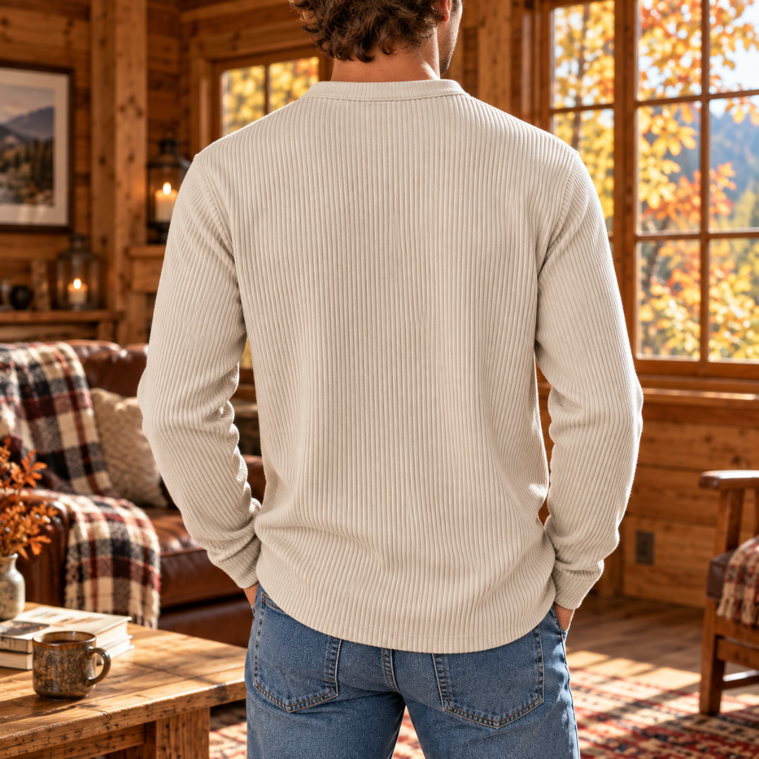 Dos du t-shirt homme blanc côtelé, manches longues et bas arrondi