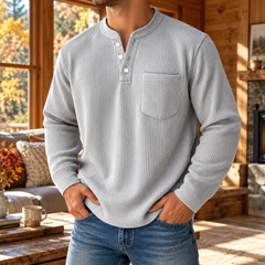 T-shirt homme gris clair en velours côtelé, manches longues et col montant