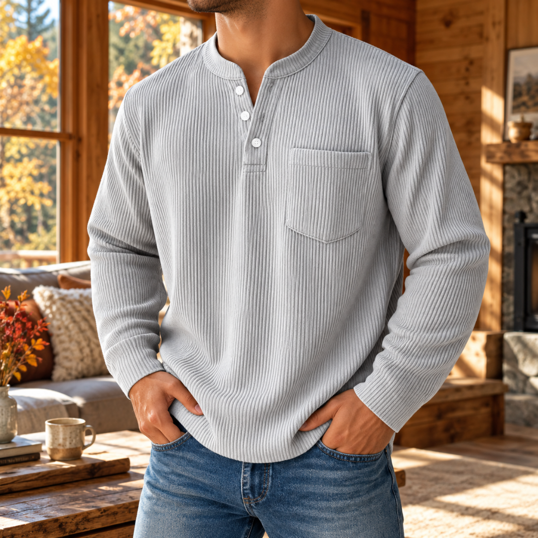 T-shirt homme gris clair en velours côtelé, manches longues et col montant