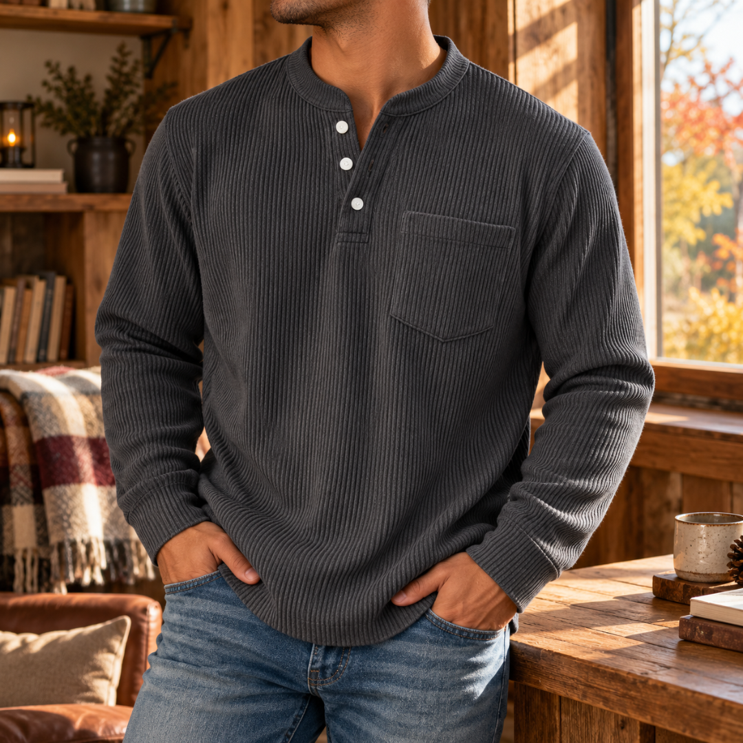 T-shirt homme gris foncé côtelé, poche poitrine plaquée et manches longues