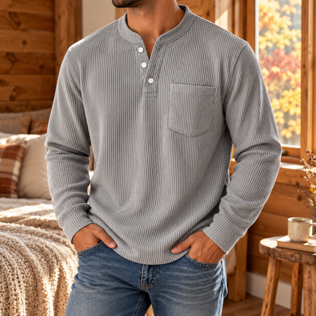 T-shirt homme gris côtelé avec poche plaquée et boutons contrastants au col