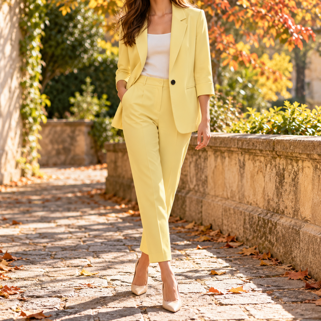 Tailleur femme jaune, veste à un bouton et pantalon à pli marqué devant