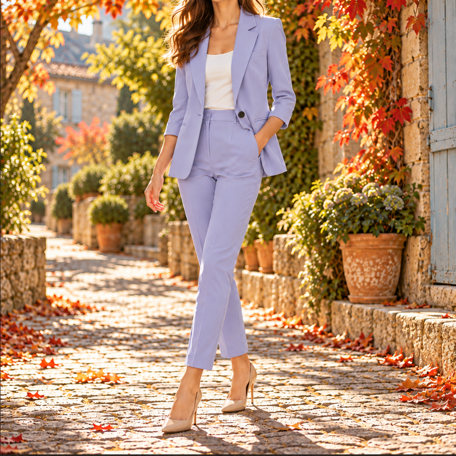 Tailleur femme lavande, veste à col cranté et bouton foncé, pantalon cigarette