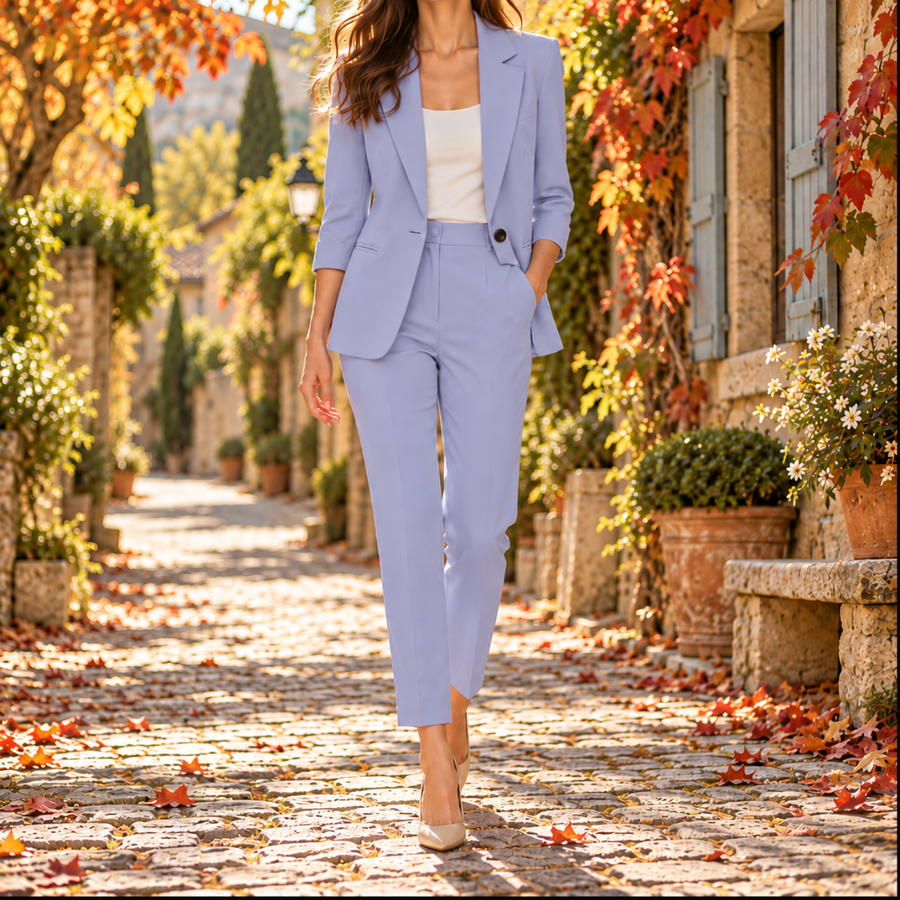 Tailleur femme lavande porté avec caraco blanc, veste ouverte et manches retroussées