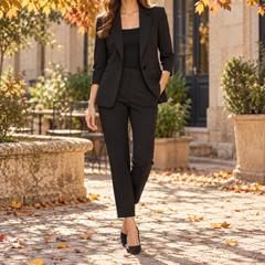 Tailleur femme noir, veste à col cranté ouverte et pantalon à taille boutonnée