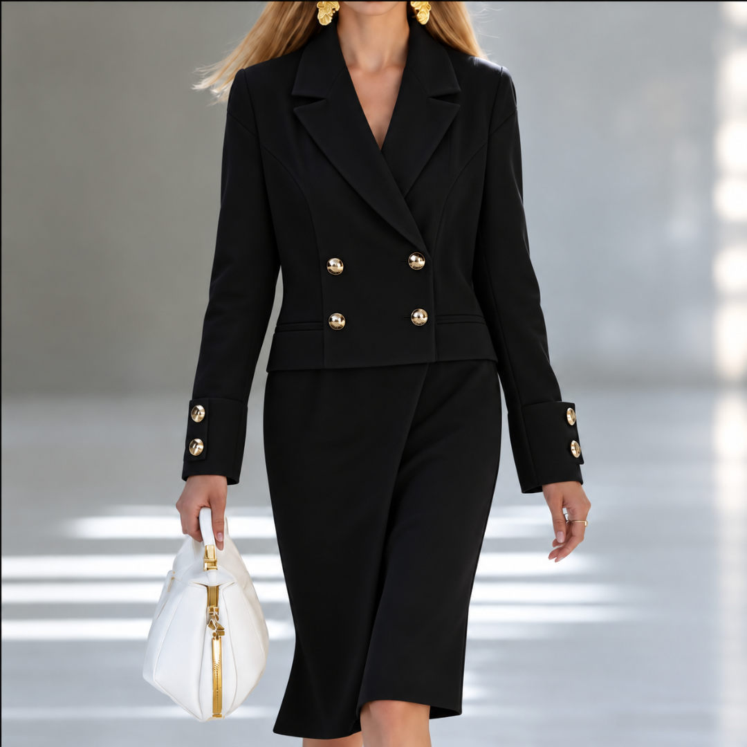 Robe blazer croisée noire à boutons dorés contrastants et jupe midi fluide