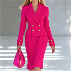 Robe blazer croisée rose foncé vif, boutons dorés et sac fuchsia