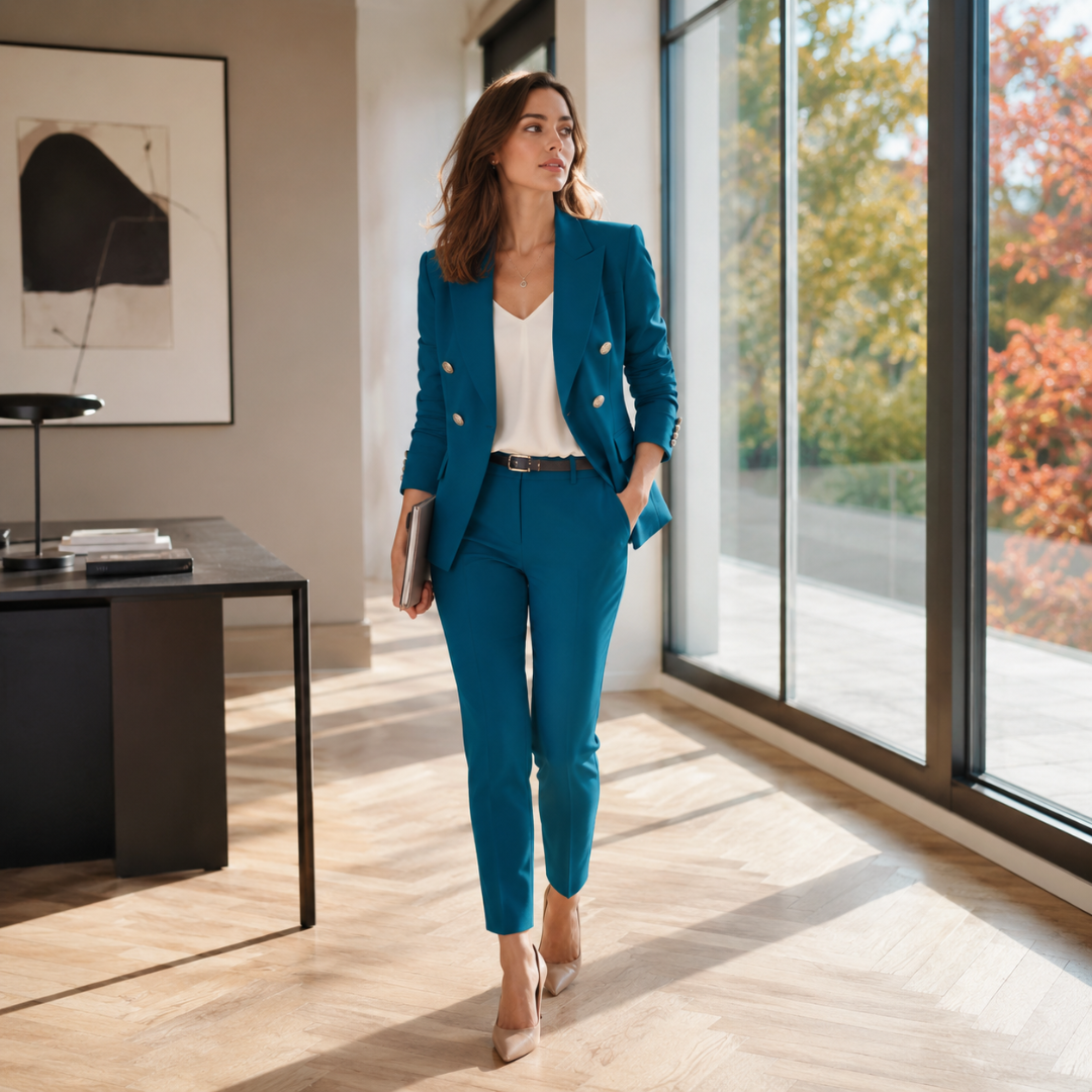 Tailleur femme bleu paon, blazer croisé ouvert et pantalon à passants de ceinture
