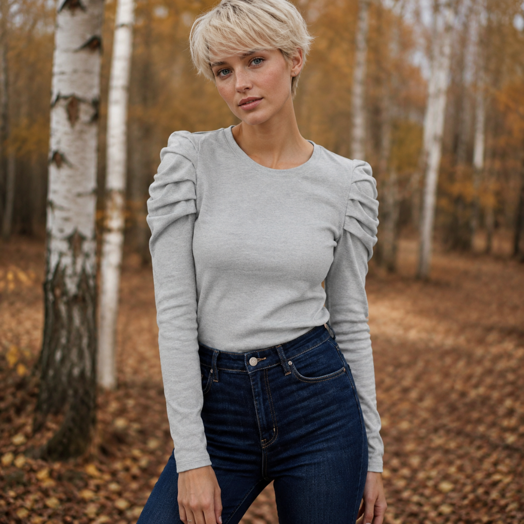 Top gris chiné à manches bouffantes froncées et encolure ronde, buste uni