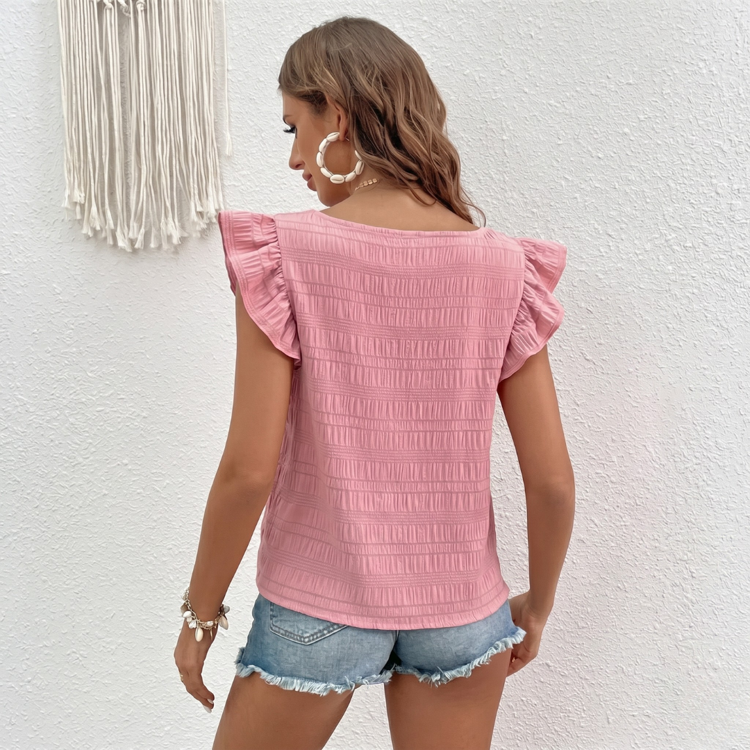 Top femme col carré buste froncé coloris rose pâle, vue de dos