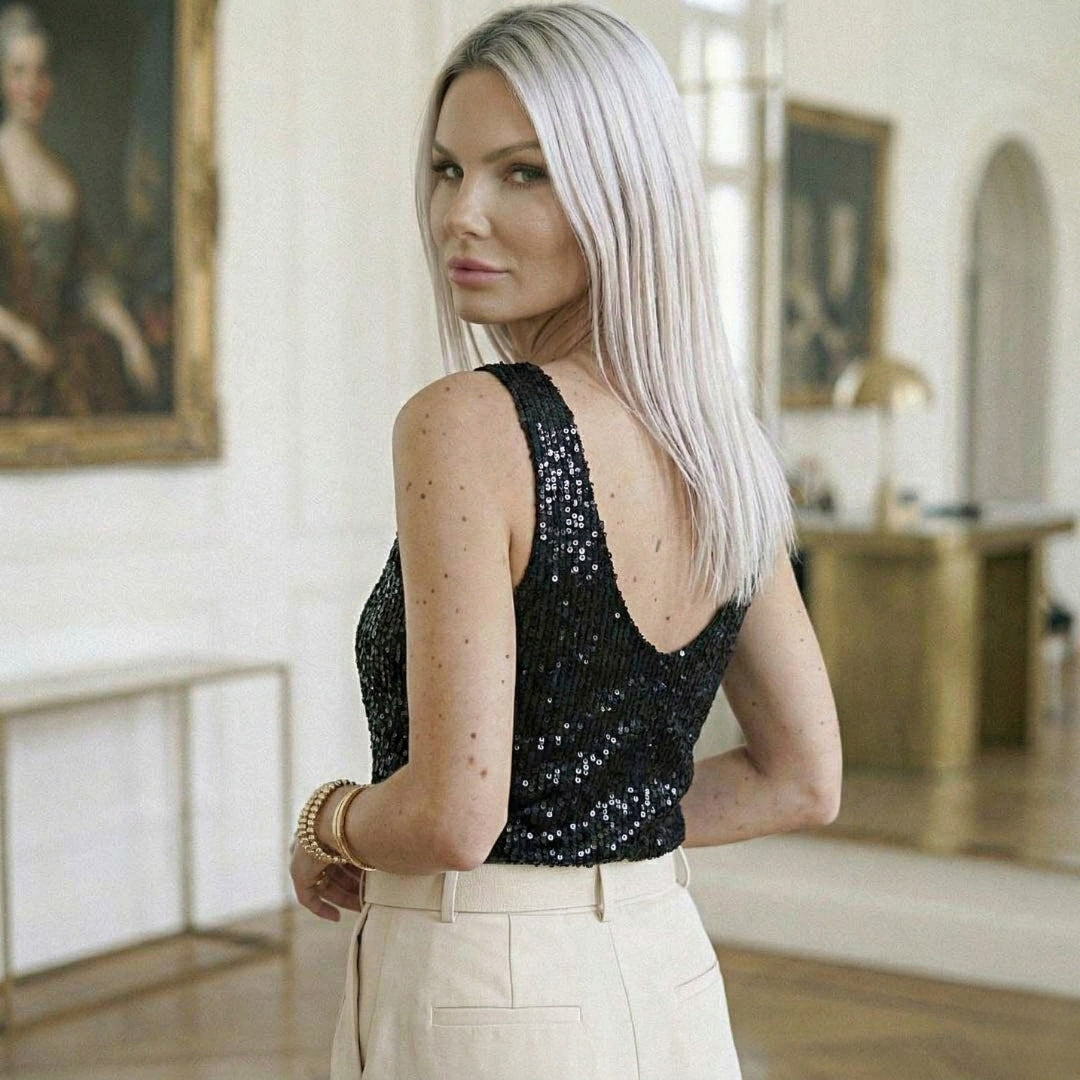 Top paillettes noir femme détail col V coupe courte