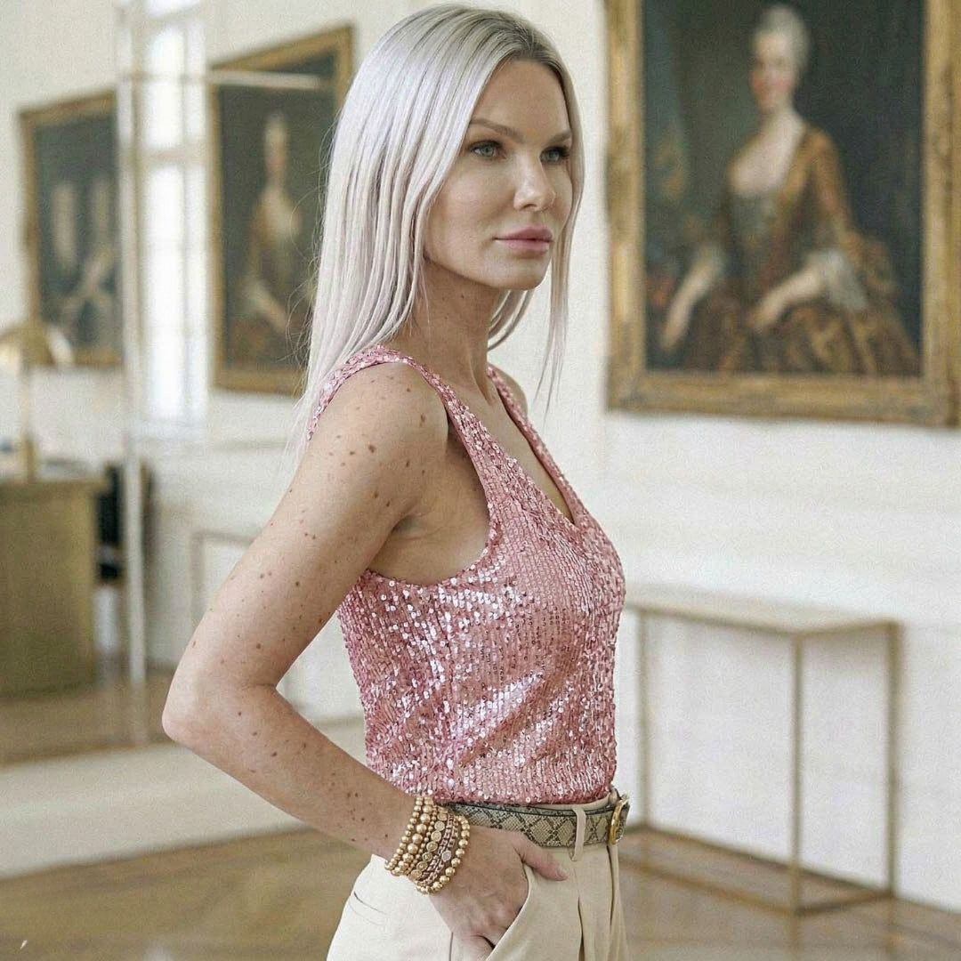 Top paillettes rose sans manches coupe courte profil