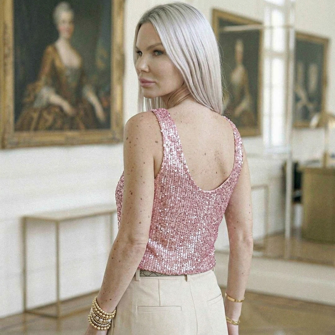 Top paillettes rose femme détail col V coupe courte