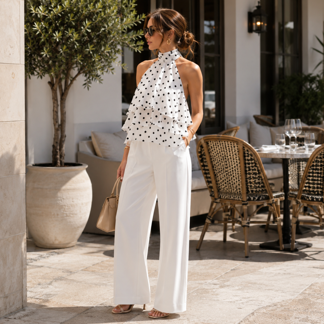 Top blanc à pois porté avec un pantalon large en terrasse