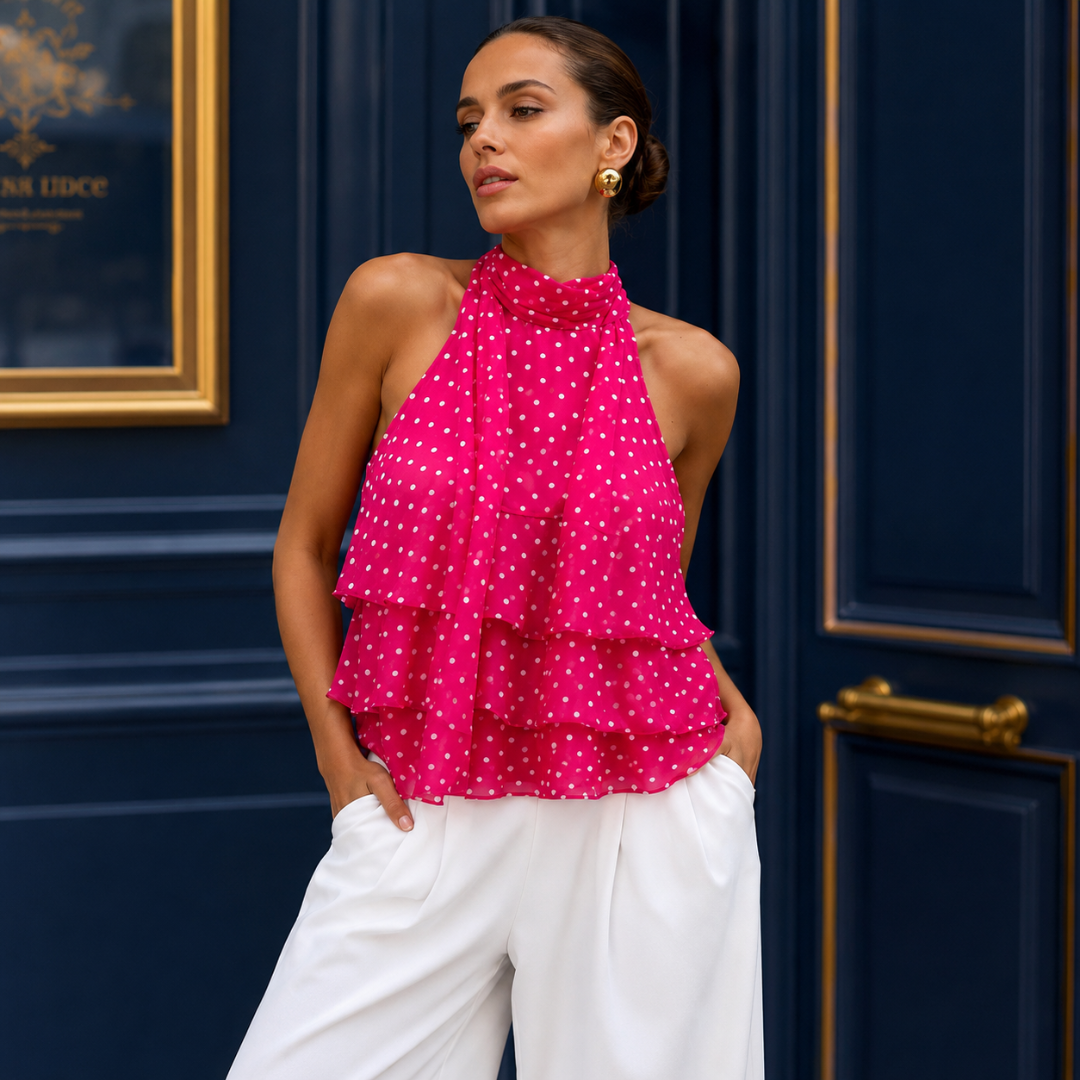 Top rose foncé à pois blancs avec volants et dos nu
