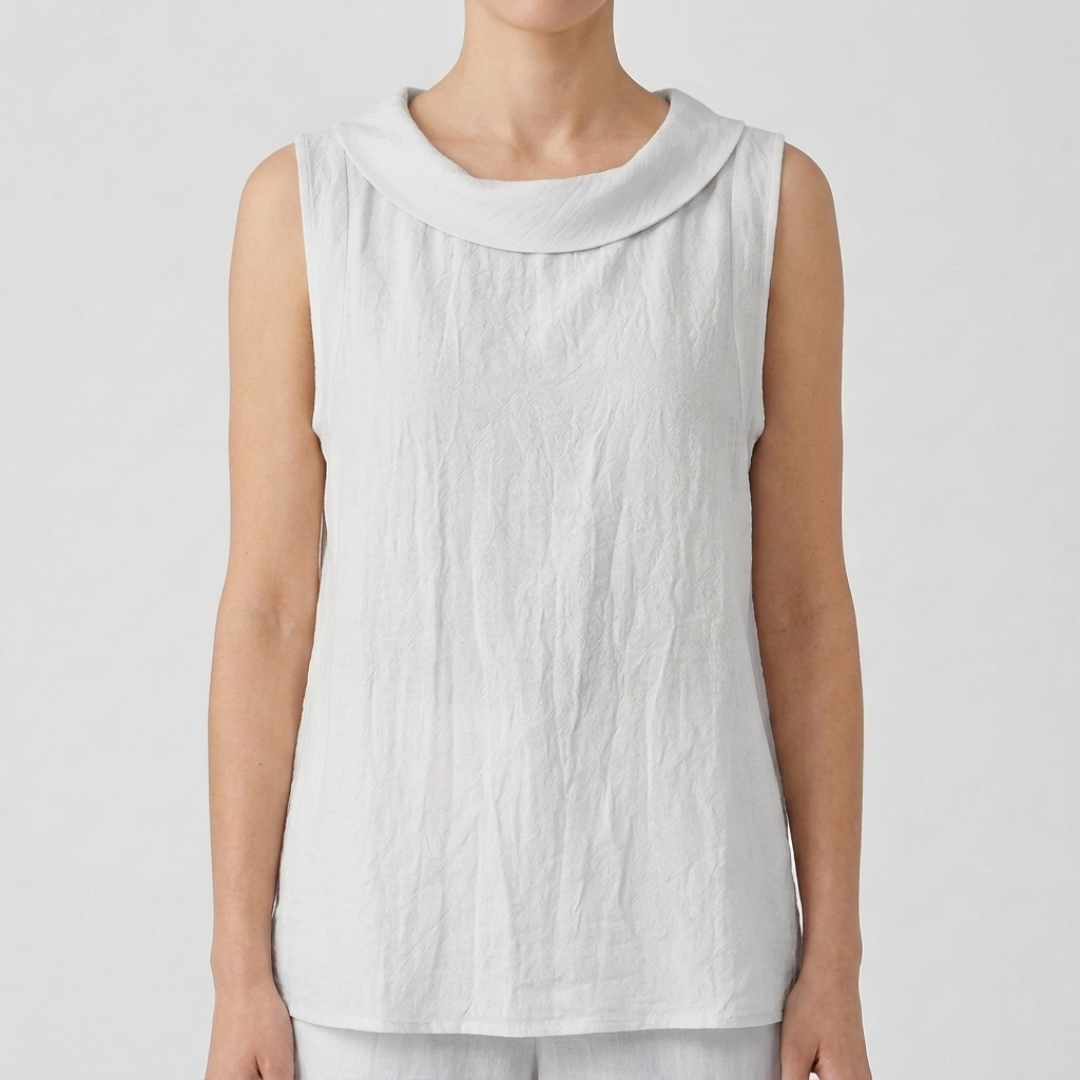 Top femme sans manches col bénitier en blanc, vue de face