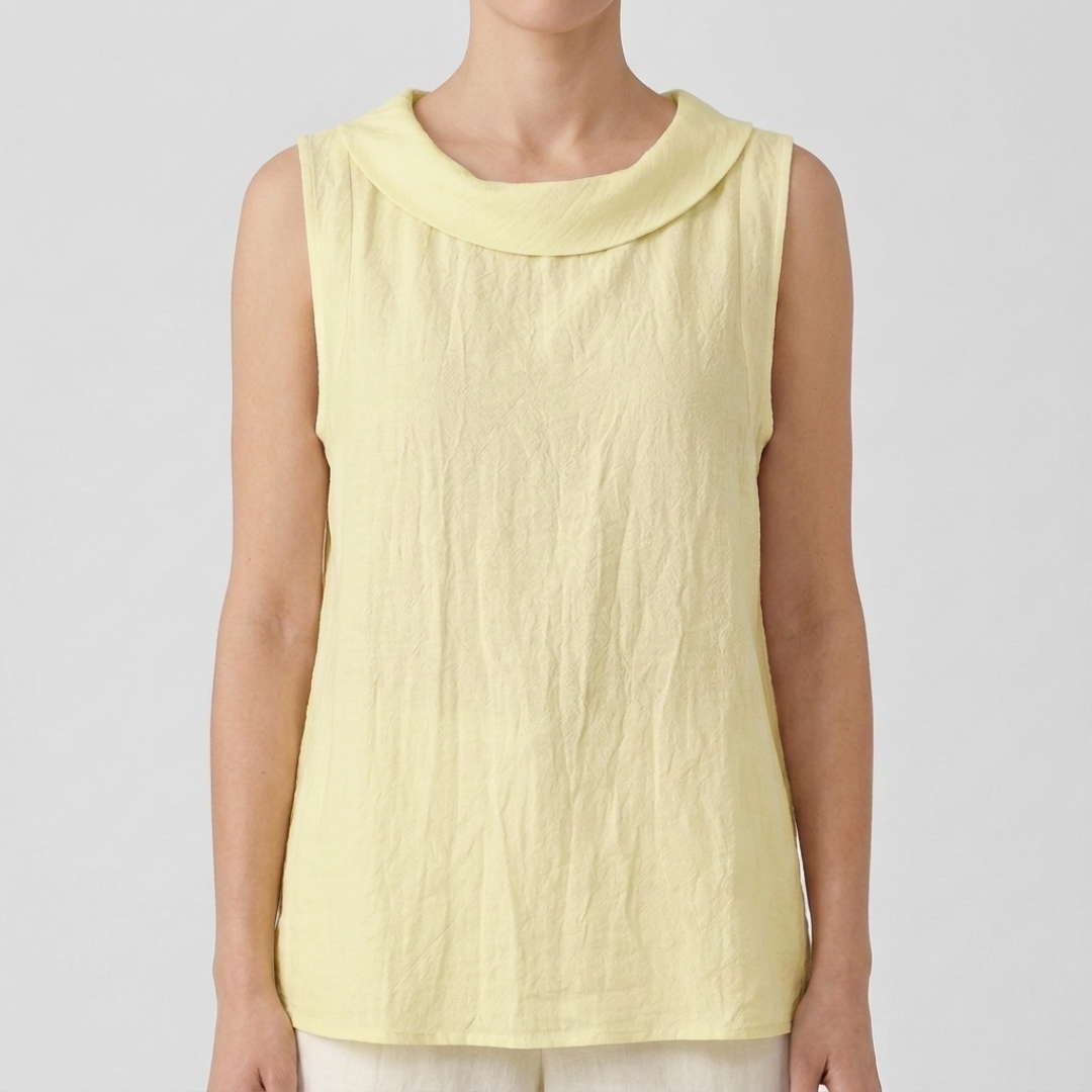 Top femme sans manches col bénitier en jaune pâle, vue de face