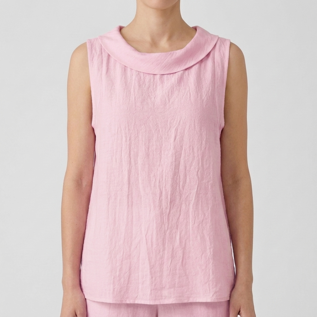 Top femme sans manches col bénitier en rose clair, vue de face