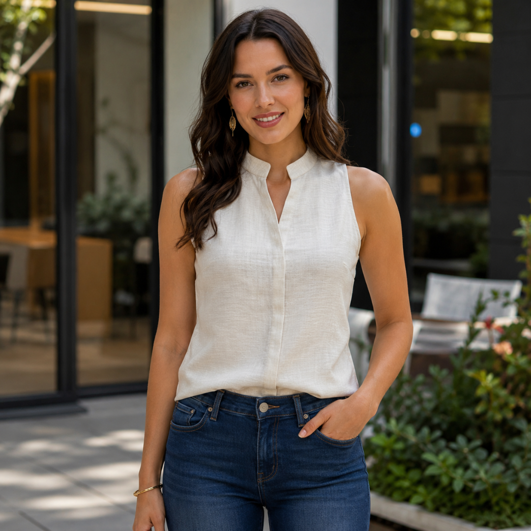 Top beige sans manches associé à un pantalon bleu foncé, encolure fendue au centre