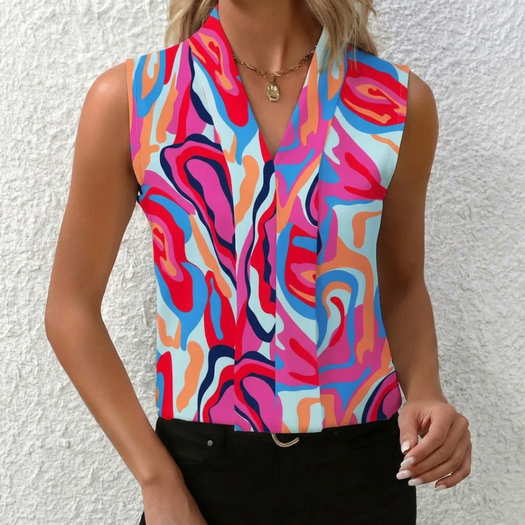 Haut femme sans manches multicolore imprimé, col en V