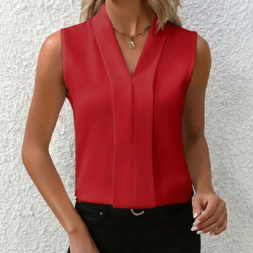 Top femme sans manches col V plissé en rouge, vue de face