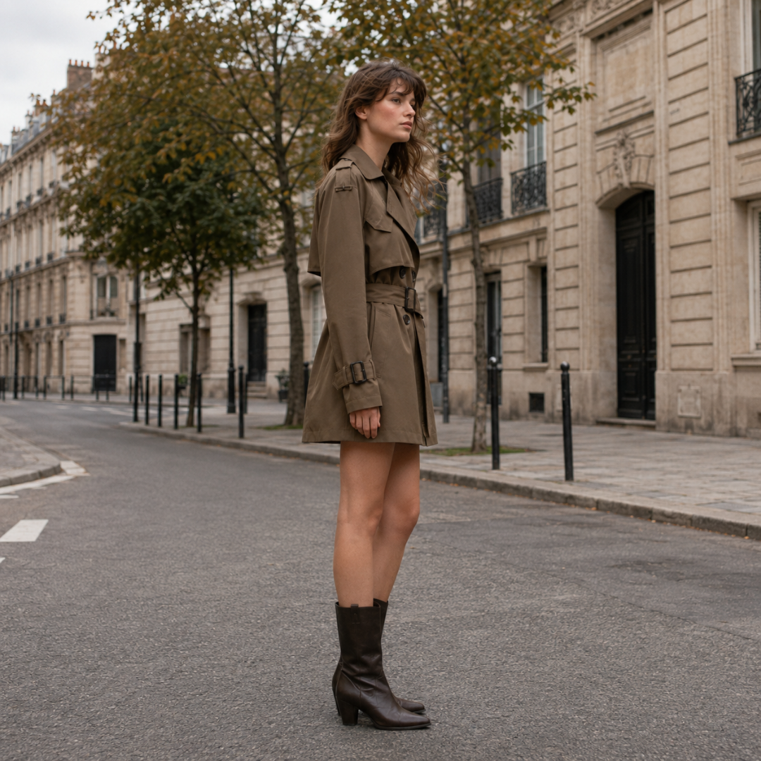 Trench femme marron court de profil, ceinture à boucle et poignets à boucle