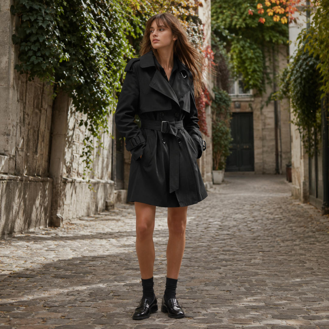 Trench femme noir court ceinturé, double boutonnage et pattes d'épaule