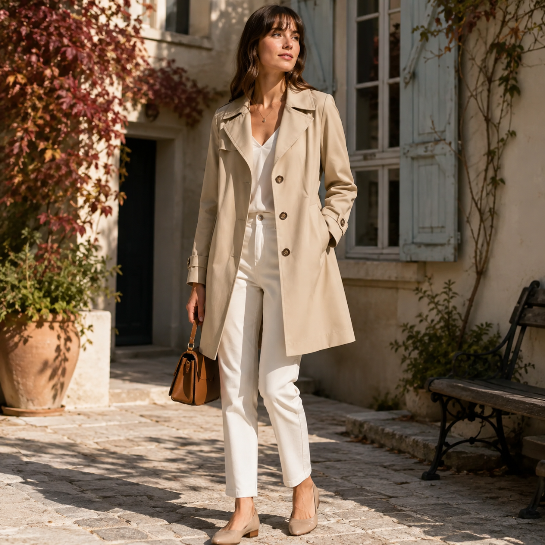 Trench femme beige boutonné, pattes aux poignets et col tailleur, allure classique
