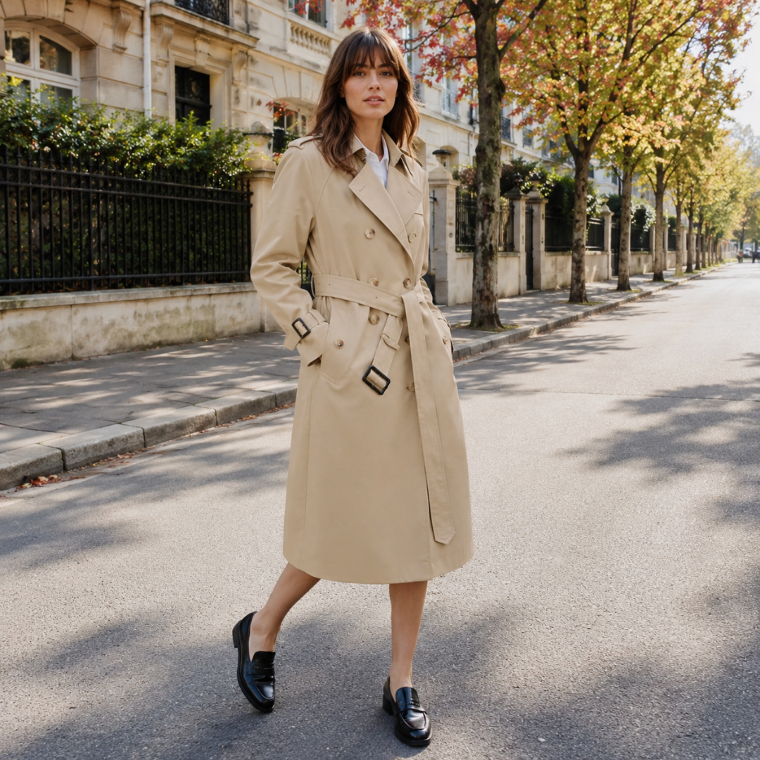 Trench femme beige à double boutonnage, ceinture nouée et pattes d'épaule