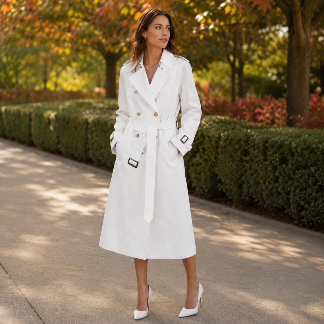 Trench femme long blanc à double boutonnage et ceinture nouée à la taille