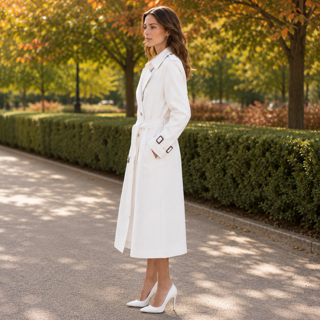 Trench blanc vu de profil, patte à boucle au poignet et poche latérale visible