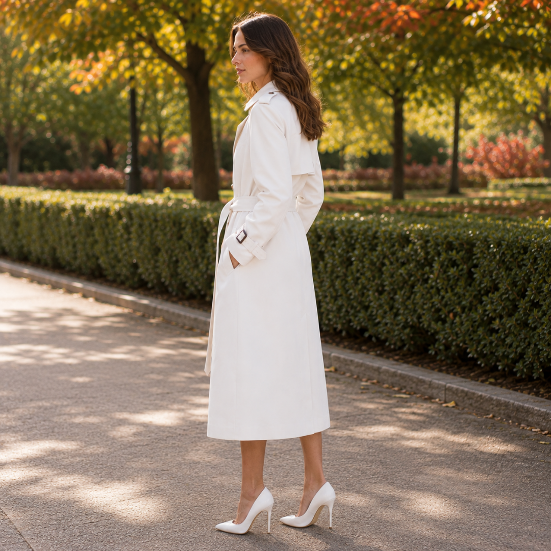 Dos du trench femme blanc long avec empiècement et taille ceinturée