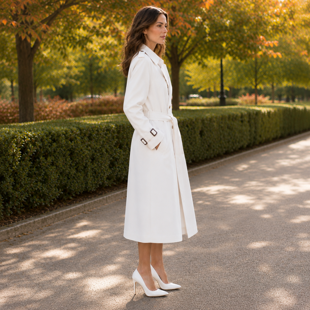 Trench long blanc de côté, col tailleur ouvert et boutonnage sur le devant