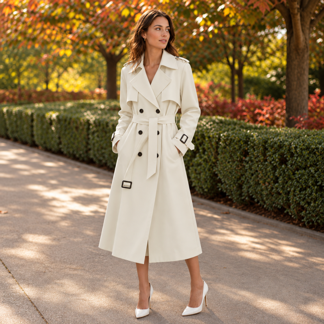 Trench femme long blanc cassé à double boutonnage, ceinture nouée et col tailleur