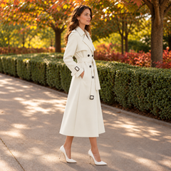 Trench long blanc cassé vu de profil, patte de manche boutonnée et jupe évasée