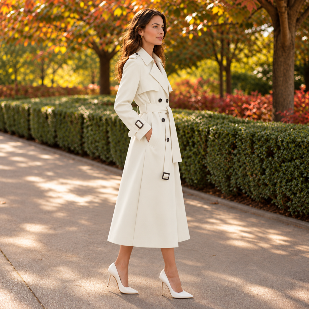 Trench long blanc cassé vu de profil, patte de manche boutonnée et jupe évasée