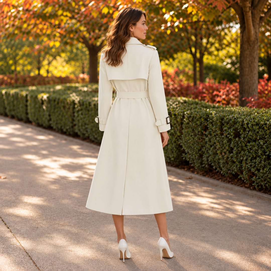 Trench femme blanc cassé vu de dos, empiècement et ceinture à la taille