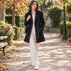 Trench femme noir mi-long à revers larges et boutonnage simple porté en extérieur