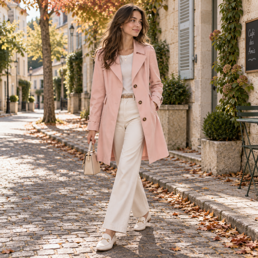 Trench femme rose mi-long à col tailleur et boutonnage simple porté ouvert dans la rue