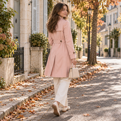 Dos du trench femme rose avec ceinture boutonnée et empiècement sur les épaules