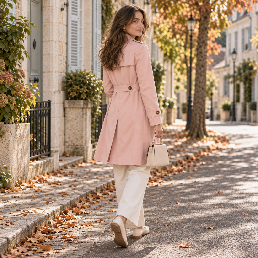 Dos du trench femme rose avec ceinture boutonnée et empiècement sur les épaules