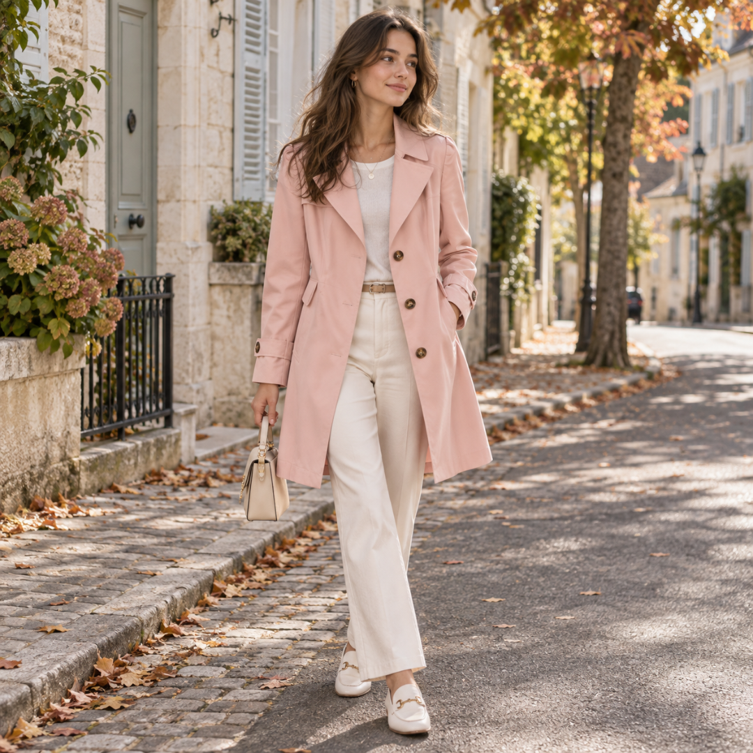Trench femme rose porté ouvert sur un pantalon large, col tailleur bien marqué