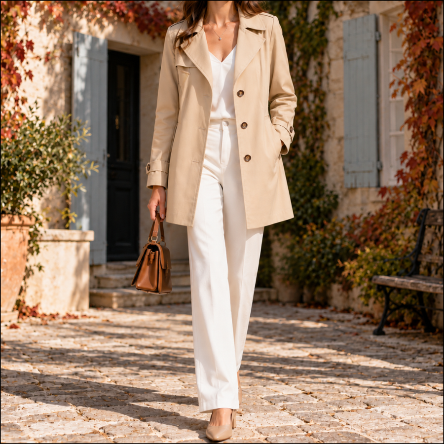 Trench mi-long beige porté ouvert sur un top blanc, boutonnage contrasté